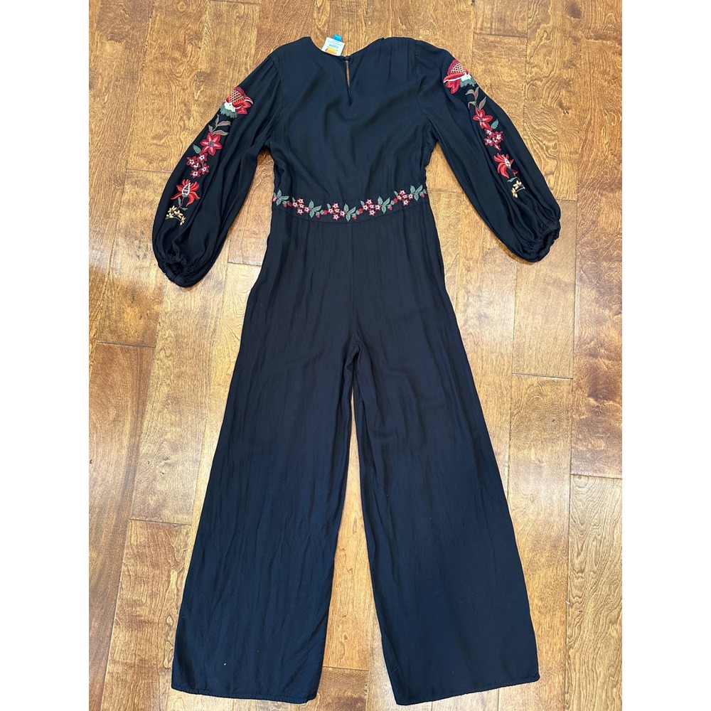 Farm Rio Embroidered Wide‎ Leg Floral Jumpsuit Small Black Floral Anthropologie - Picture 5 of 16